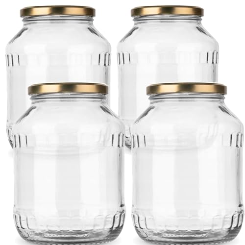 MIKONI 2,5 Liter Weckgläser Gurkenglas Einweckgläser Deckel Einmachgläser Vorratsgläser Einmachglas Sturzglas Konservenglas Rundgläser GOLD Deckel (4) von MIKONI