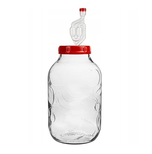 MIKONI 5l Gärglas Einmachglas Gurkenglas Vorratsgläser Behälter Fermentier Fermentierglas Gärballon Glasballon Gurkenglas Vorratsglas Gärbehälter Einkochglas (ROT mit Gärrohr) von MIKONI