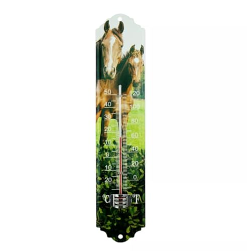 MIKONI Zimmerthermometer Metall 29,5 x 6,5 cm Thermometer Innen Außenthermometer Analog Raum Garten MD19 (Pferde) von MIKONI