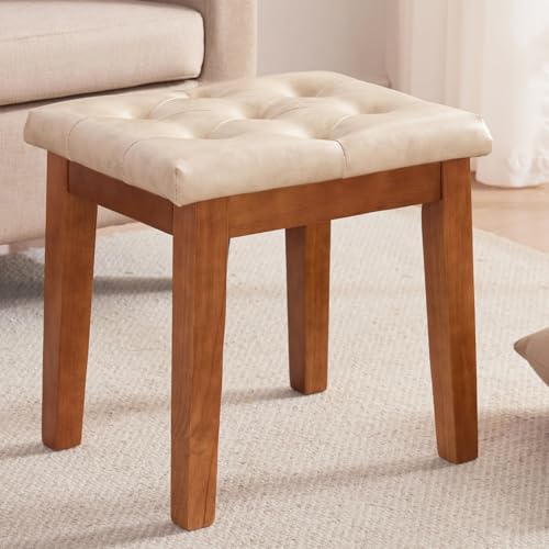 MILCIL Polsterhocker Schminktisch Hocker Sitzhocker, Gepolstert und Getuftet, Massivholz, für Eingangsbereich, Flur, Wohnzimmer, Kunstleder, Elfenbein, 42 x 32 x 44 cm von MILCIL