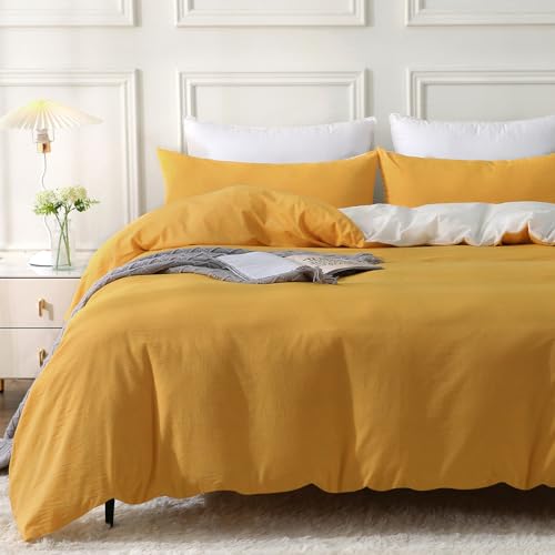 MILDLY Bettwäsche 135x200 Baumwolle, Bettwäsche-Sets Gelb 2 Teilig mit Reißverschluss Ähnliche Textur wie Stone Washed Leinen und Enthält 1 Bettbezug und 1 Kissenbezug 80x80 von MILDLY