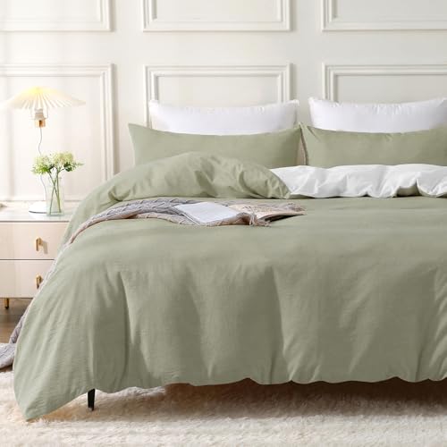 MILDLY Bettwäsche 200x200 Baumwolle, Bettwäsche-Sets Vintagegrün 3 Teilig mit Reißverschluss Ähnliche Textur wie Stone Washed Leinen und Enthält 1 Bettbezug und 2 Kissenbezug 80x80 von MILDLY