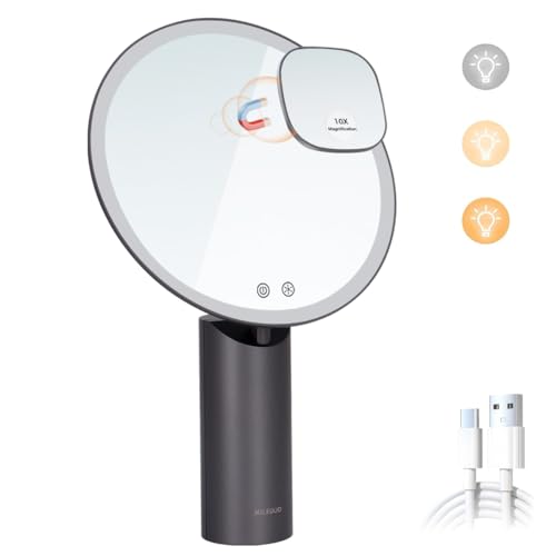 MILEDUO Kosmetikspiegel mit LED Beleuchtung 23 cm Großer Schminkspiegel 3 Lichtfarben und Helligkeit Einstellbar mit Kleinem 10X Vergrößerungspiegel von MILEDUO