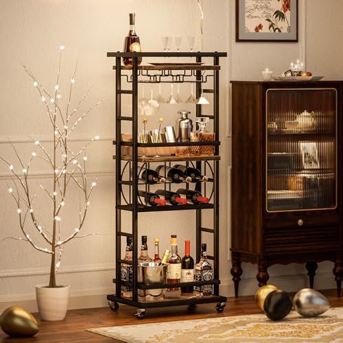 MILEFA 4-stöckiger Barwagen mit Rädern, Home Bar Servierwagen, rollender Mini-Weinwagen mit Weinregal und Glashalter, Getränkewagen für Esszimmer, Wohnzimmer, Küche, Bar und Outdoor, Rustikales Braun MILEFA 4-stöckiger Barwagen mit Rädern, Home Bar Servierwagen, rollender Mini-Weinwagen mit Weinregal und Glashalter, Getränkewagen für Esszimmer, Wohnzimmer, Küche, Bar und Outdoor, Rustikales Braun von MILEFA