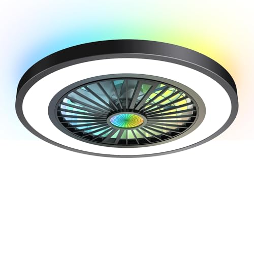 MILFECH 75W Deckenventilator mit Beleuchtung, Ø54CM Deckenleuchte mit Ventilator Fernbedienung,3000K-6500K,RGB-Lichter,6 Windstufen,Timer,Speicherfunktion,lampe mit ventilator für Wohn,Schlaf(Schwarz) von MILFECH