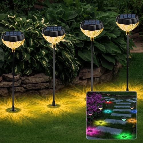 MILFECH Solarlampen für Außen Garten 4 Stück,Solarleuchten 2 Modi LED Warmweiß/Farbwechselnde Beleuchtung mit 1000 mAh Batterie&IP65 Wasserdicht,Gartenlampen für außen,Terrasse,Rasen,Garten,Set von MILFECH