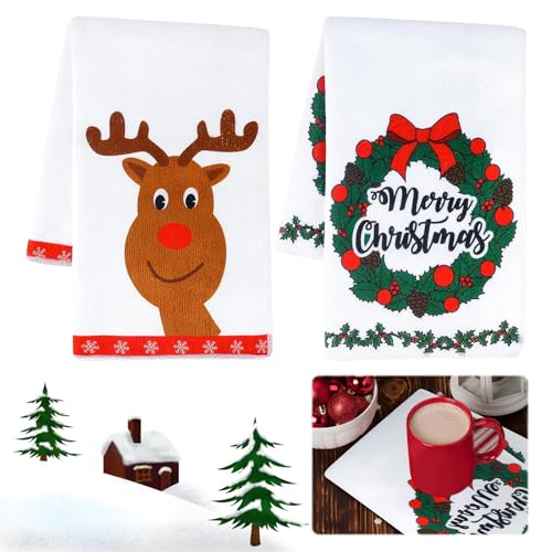 MILIAFLICK Geschirrtuch Weihnachten 2er Weihnachts Geschirrtücher Küchentuch 60 * 40 cm Geschirrtücher Weihnachtskranz Weihnachten Rentiere Weihnachten Küchentücher Winter Dekoration Handtücher von MILIAFLICK