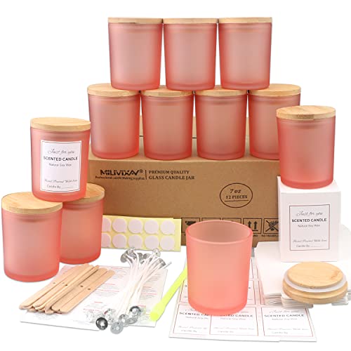 MILIVIXAY 12 Stück 200 ml Kerzengläser aus mattiertem rosa Glas mit Deckel und Kerzenherstellungs-Sets – leere Kerzengläser für die Herstellung von Kerzen – Gewürze, Pulverbehälter. von MILIVIXAY