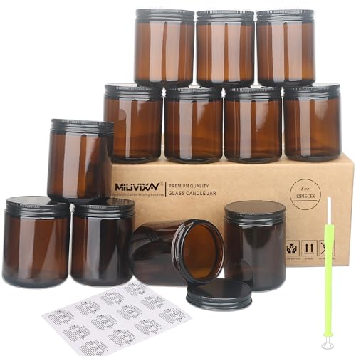 MILIVIXAY 12 Stück 237 ml dickes Glas dunkel bernsteinfarbene Kerzengläser mit komplett schwarzen Metalldeckeln, leere Kerzengläser für die Herstellung von Kerzen, Einmachglas für Gewürze von MILIVIXAY
