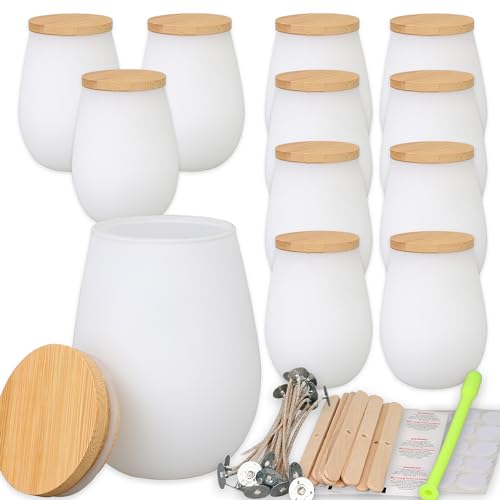 MILIVIXAY 12 Stück 325 ml Kerzengläser mit Bambusdeckel und Kerzenherstellungs-Kits – mattweiße Kerzengläser, leere ovale Design-Kerzengläser für die Herstellung großer Kerzen, Gewürze, von MILIVIXAY