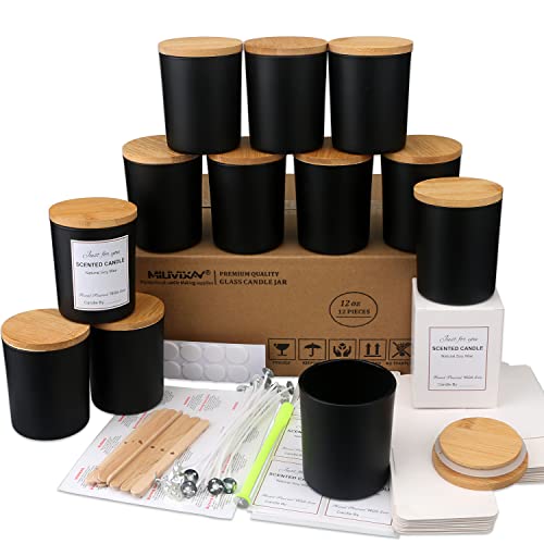 MILIVIXAY 12 Stück 340 g schwarze, matte Glaskerzengläser mit Deckel und Kerzenherstellungssets – leere Kerzengläser für die Herstellung von Kerzen – Gewürze, Pulverbehälter von MILIVIXAY