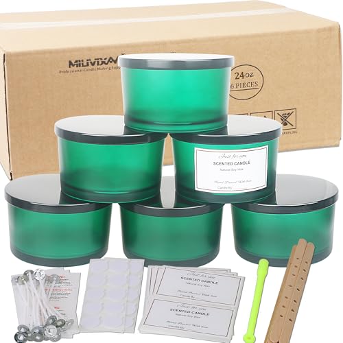 MILIVIXAY 6 x 680 ml Kerzengläser mit Metalldeckel und Kerzenherstellungs-Kits – 3 Docht-Kerzenglas, leere mattgrüne, dicke Gläser für die Herstellung großer Kerzen – Gewürz-, Pulverbehälter. von MILIVIXAY