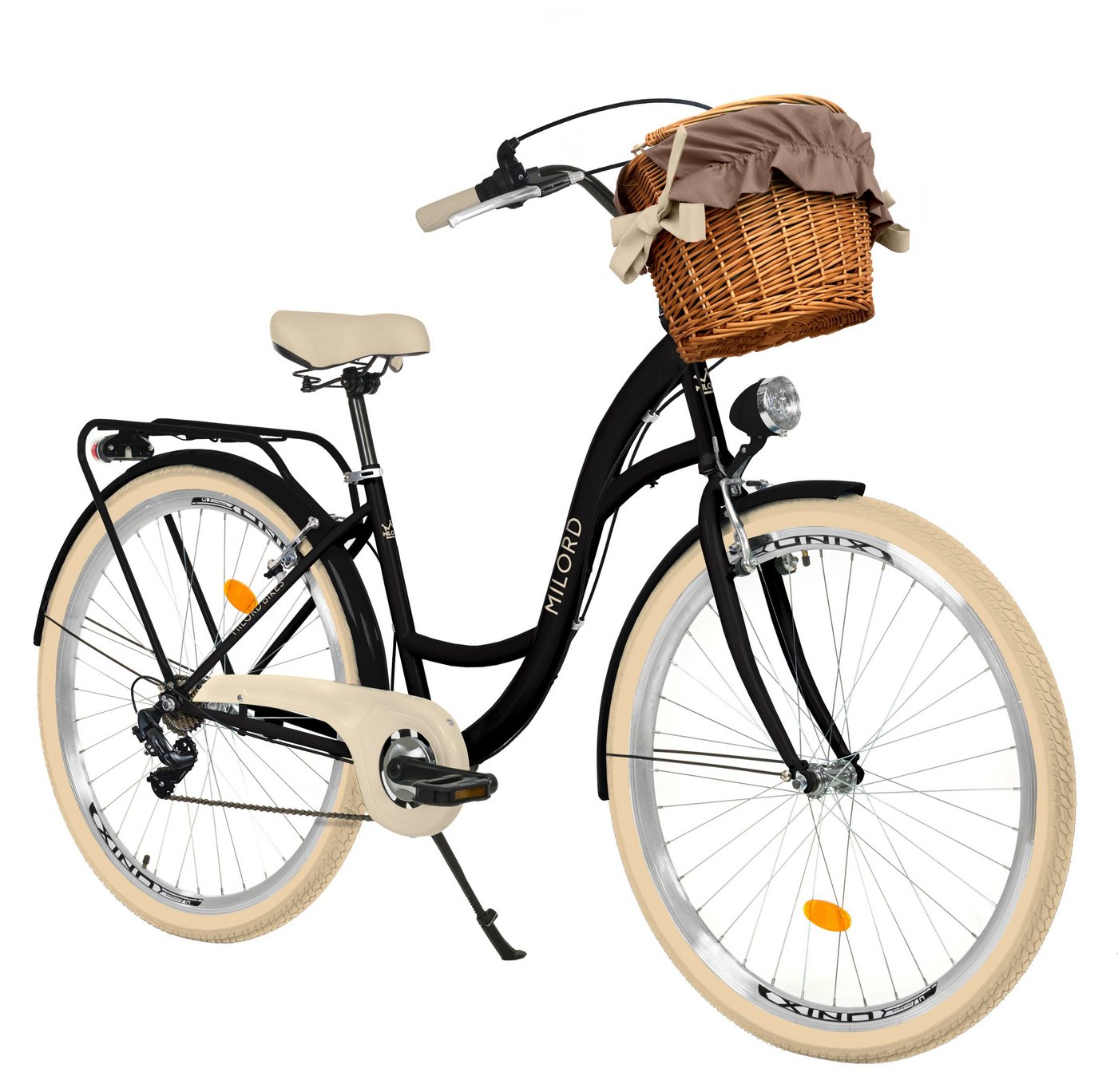 MILORD BIKES Cityrad Milord City Fahrrad Korb Damen, 28/26 Zoll, Schwarz-Creme, 7-Gang, 7 Gang, Kettenschaltung von MILORD BIKES