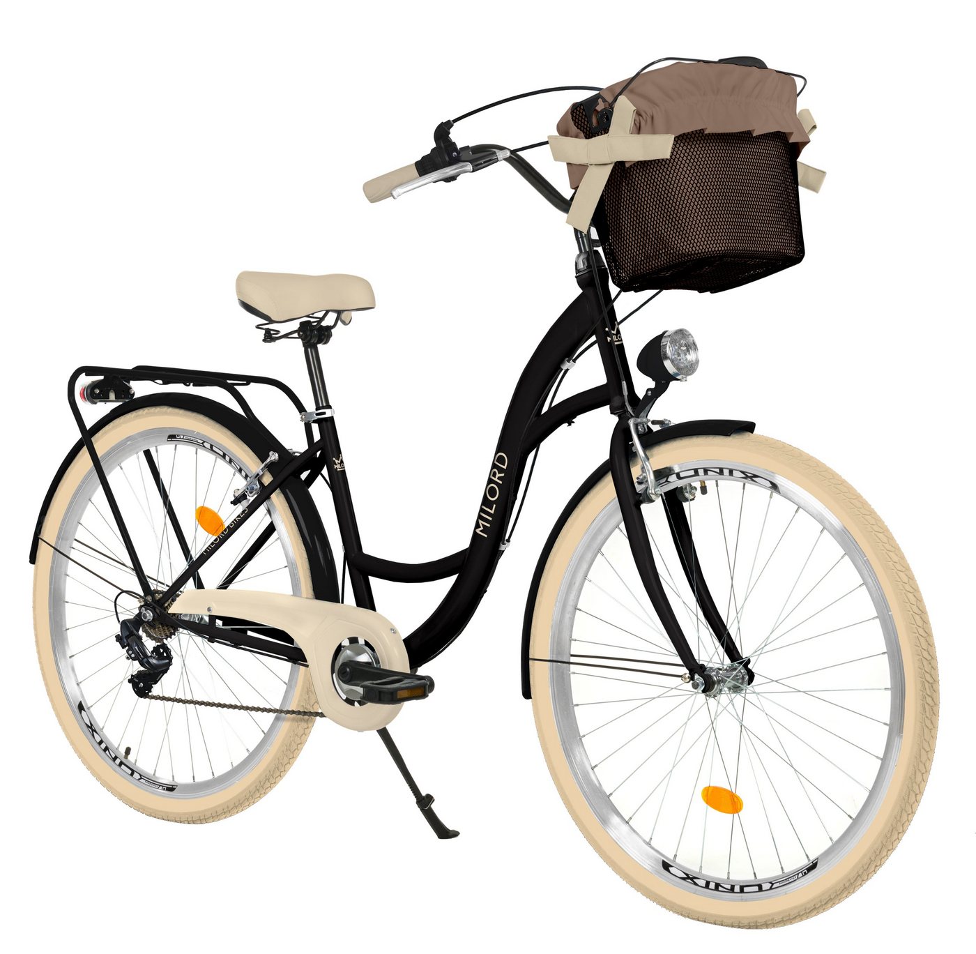 MILORD BIKES Cityrad Milord City Fahrrad Korb Damen, 28/26 Zoll, Schwarz-Creme, 7-Gang, 7 Gang, Kettenschaltung von MILORD BIKES