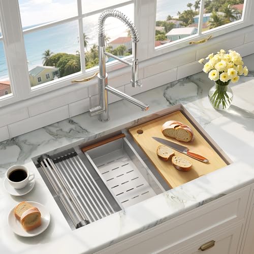 MILOSEN 83,8 cm Unterbau-Küchenspüle, 83,8 x 48,3 cm, Edelstahl-Spülen, Einzelbecken-Arbeitsplatzspüle mit individuellem Zubehör, handgefertigtes Unterbau-Design, 22,9 cm tief, große und tiefe von MILOSEN