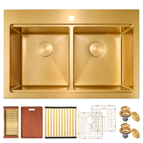 MILOSEN 84 cm goldene Doppelbecken-Küchenspüle, 83 x 55 cm, goldfarbene Arbeitsplatzspüle, 50/50 Topmount Doppelbecken mit Zubehör, Drop in 16 Gauge T304 Edelstahl-Spülen, 25,4 cm tiefe und große von MILOSEN