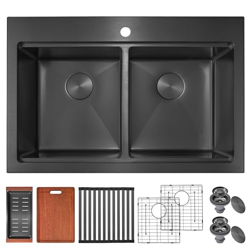 MILOSEN 84 cm schwarze Doppelbecken-Küchenspüle, 83 x 55 cm, 16 Gauge T304 schwarze Edelstahl-Spülen, Arbeitsplatzspüle 50/50 Topmount Doppelbecken mit Zubehör, 25,4 cm tiefe und große Spülen von MILOSEN