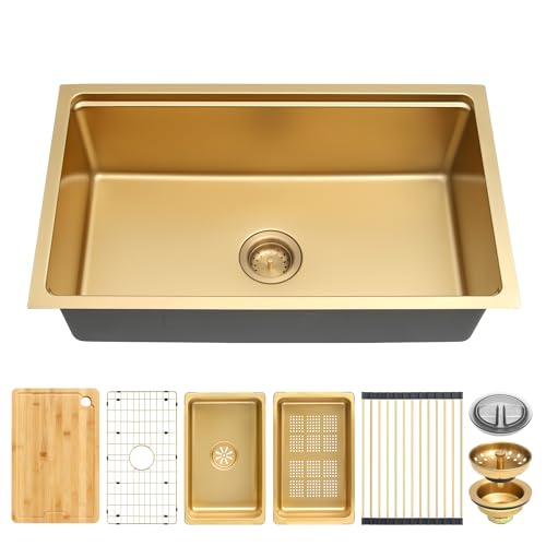 MILOSEN Edelstahl-Arbeitsplatzspüle, goldfarbene Unterbau-Küchenspüle, Einzelbecken, Küchenspüle, 76,2 x 45,7 x 22,9 cm von MILOSEN