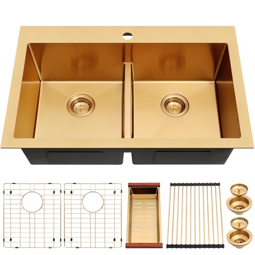 MILOSEN Goldfarbene Doppelbecken-Küchenspüle, 84 x 55 cm, 50/50 T304 Edelstahl, goldfarbene Küchenspüle, Topmount große und tiefe Arbeitsplatzspüle, handgefertigtes niedriges Doppelwaschbecken mit von MILOSEN