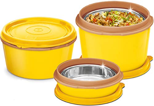 MILTON Bento-Lunchbox-Set mikrowellengeeignete Edelstahl-Mahlzeiten-Behälter, Lebensmittel-Aufbewahrungsboxen mit auslaufsicheren Deckeln für Männer, Frauen, Kinder (gelb, 3 Behälter) von MILTON