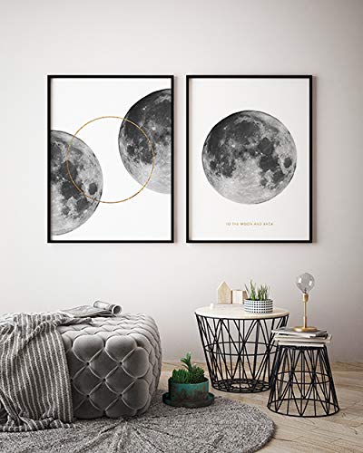 MILUKA Packung mit 2 Kunstdrucken zum Einrahmen als Wandbild/Poster mit Mond und Weltall, schwarz-Weiss Moon | Full Moon - Full Moon Two (50x70cm) von MILUKA