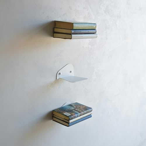 MILUKA Unsichtbares Bücherregal Wand | 3er Set Wandregal weiß für Bücher von 15 cm | Schwebendes Bücherregal Wohnzimmer | Regal Wand mit versteckter Halterung | Vertikale Mini Regal Metall (3, Weiß) von MILUKA