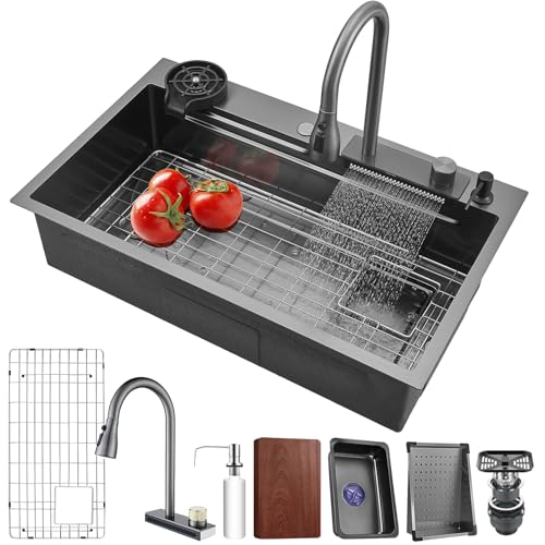 Küchenspüle 76 * 50CM Schwarz Raindance Wasserfall Spülbecken Edelstahl Einbauspüle mit Wasserhahn Ausziehbar Rechteckig Einschalen-Küchenspüle mit Drainage-Komponenten von MIMRTIMI