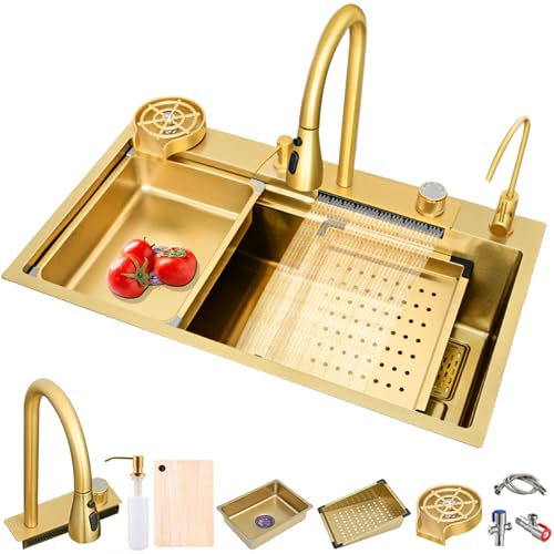 Küchenspüle Schwarz Raindance Wasserfall Edelstahl Einbauspüle Einschalen-Küchenspüle mit Wasserhahn Ausziehbar Rechteckig Spülbecken mit Drainage-Komponenten (GOLD, 68 * 45CM) von MIMRTIMI