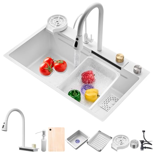 Küchenspüle Schwarz Raindance Wasserfall Edelstahl Einbauspüle Einschalen-Küchenspüle mit Wasserhahn Ausziehbar Rechteckig Spülbecken mit Drainage-Komponenten (White, 75 * 45CM) von MIMRTIMI
