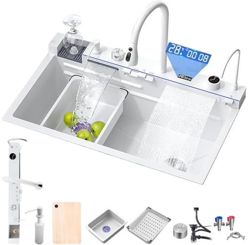 MIMRTIMI Küchenspüle mit Integrated Faucet Schwarzgrau Spülbecken Edelstahl Raindance Wasserfall 1Becken mit Diversem Zubehör (White, 85 * 46CM) von MIMRTIMI