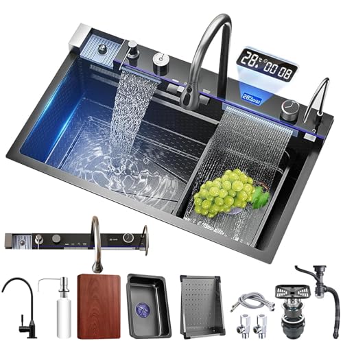 MIMRTIMI Küchenspüle mit Integrated Faucet Schwarzgrau Spülbecken Edelstahl Raindance Wasserfall 1Becken mit Diversem Zubehör von MIMRTIMI