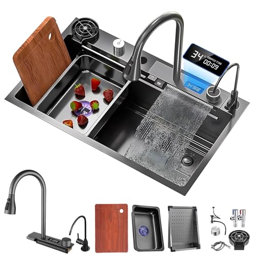 küchenspüle mit wasserfall Edelstahlspüle Rechteckig Einbauspüle Schwarze Küchenspüle mit wasserhahn,Entwässerungskomponente,Entwässerungsbecken,Entwässerungskorb,Schneidebrett von MIMRTIMI