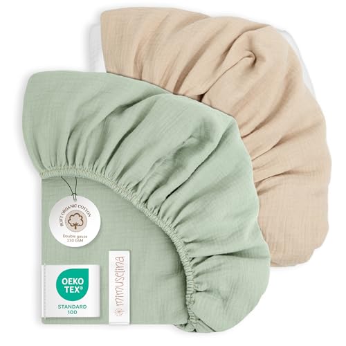 Mimuselina Spannbettlaken 60x120 Baby – 2er-Pack Minibettlaken 120x60 aus 100% weicher, atmungsaktiver Musselin-Baumwolle [Mint + Sand] von MIMUSELINA