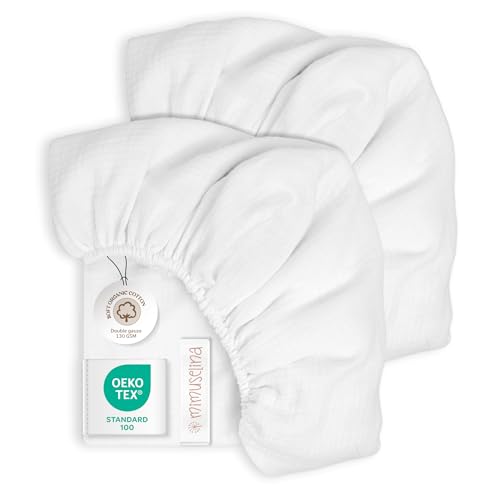 Mimuselina Spannbettlaken 60x120 Baby – 2er-Pack Minibettlaken 120x60 aus 100% weicher, atmungsaktiver Musselin-Baumwolle [Weiß + Weiß] von MIMUSELINA