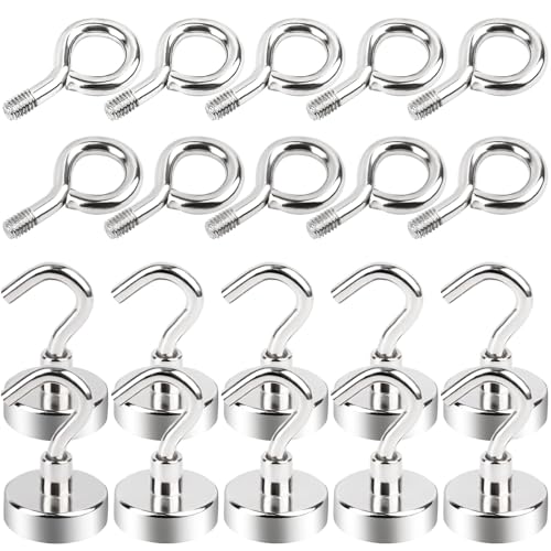 MIN CI 10+10pcs Magnethaken Extra Stark, 25mm Magnete Stark 22kg Magnetisch Haken, Neodym Magnet mit Haken Ösenmagnet von 2 Arten Rund Starke Magnete für Camping Garage Rostfrei Grill von MIN CI