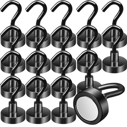 MIN CI 18 Stück Magnethaken Extra Stark, 20mm Magnet mit Haken Magnetische Haken, Neodym Magnete Extra Stark Schwarz Magnethalterung Rund Magnet Küchenhaken für Camping Garage Küche Büro von MIN CI