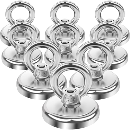 MIN CI 32mm Starke Magnete, 9pcs Magnethaken 45KG（99lbs）Haftkraft Neodym Ösenmagnet Neodymium Magnete mit Haken, Magnetfischen mit Öse Stark Magnetische Haken Topfmagnet für Camping von MIN CI
