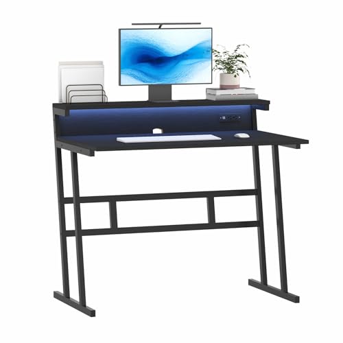 MIN WIN Gaming Schreibtisch mit Steckdosen LED - 100x62cm MDF 15mm Schreibtisch (Schwarz/Braun) Minimalistisches Design von MIN WIN