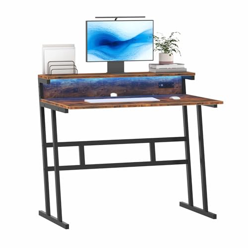 MIN WIN Gaming Schreibtisch mit Steckdosen LED - 100x62cm MDF 15mm Schreibtisch (Schwarz/Braun) Minimalistisches Design von MIN WIN