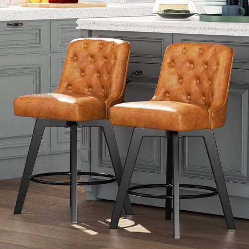 MINCETA Barhocker für Theken, 66 cm, 360° drehbar, gepolstert, mit Rückenlehne, 2 Stück (PU in braunem gewachstem Leder) von MINCETA