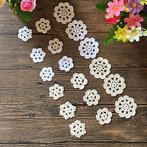 MINDPLUS 18 Stück Mini Vintage Handhäkeldeckchen Blumen 2.5-5 cm Rund Weiß Beige Baumwolle Kleine Handgehäkelte Blütenblätter Spitzendeckchen Guipure Spitzen Applikation Kleiderkragen DIY für Basteln von MINDPLUS