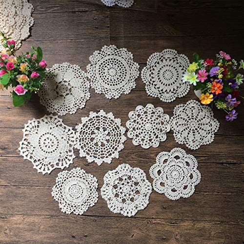 MINDPLUS Set mit 10 Handgehäkelten Deckchen aus Baumwolle Gehäkelte Spitze Deckchen Untersetzer Tischset 15-18 cm Rund Weiß Vintage-Hochzeit Teeparty (10 Stück Weiß) von MINDPLUS