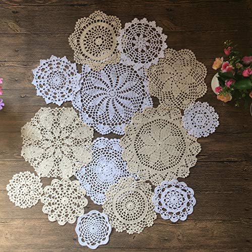 MINDPLUS Set mit 14 Handgehäkelten Deckchen Baumwolle Gehäkelte Spitzen Deckchen Tischset 10-25 cm Rund Weiß und Beige Vintage-Hochzeit Teeparty von MINDPLUS