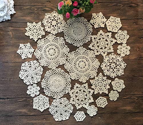 MINDPLUS Set mit 24 Handgehäkelten Deckchen Baumwolle Gehäkelte Spitzen Deckchen Tischset 5-17,8 cm Rund Beige Vintage-Hochzeit Teeparty von MINDPLUS