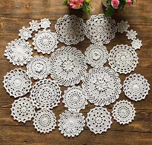 MINDPLUS Set mit 24 Handgehäkelten Deckchen Baumwolle Spitze Tischset Mini-Deckchen Untersetzer 5–18 cm Rund Weiß Vintage-Hochzeit Teeparty (24 Stück Weiß) von MINDPLUS