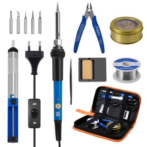 60W Lötkolben Set mit LCD-Temperaturregelung (200-450°C) 15-teiliges Komplettset inkl 5 Lötspitzen Lötzinn Entlötpumpe & Zubehör Professionelles Lötset für Elektronikreparaturen & Hobbyelektronik von MINENICE