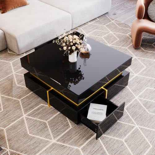 Couchtisch Hochglanz Wohnzimmertisch mit 2 Schubladen und Ablagefächer, Moderner quadratischer Kaffeetisch Sofatisch Beistelltisch Teetisch, für Büro, Empfang, Bis 60KG, 70x70x35.5cm (Schwarz) von MINENICE