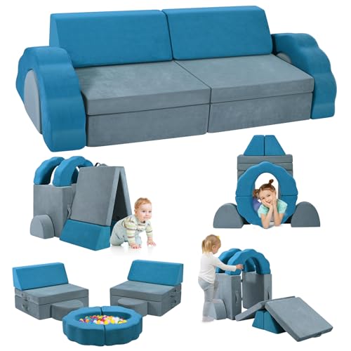 Kindersofa,10-teilige Schaumbaublock Kinder Spielen Sofa, modulares Kindersofa, lustiges klappendes Kinder-Sofa-Bett, für Jungen und Mädchenentwicklungsintelligenz (Graue und Blaue Farbabstimmung) von MINENICE