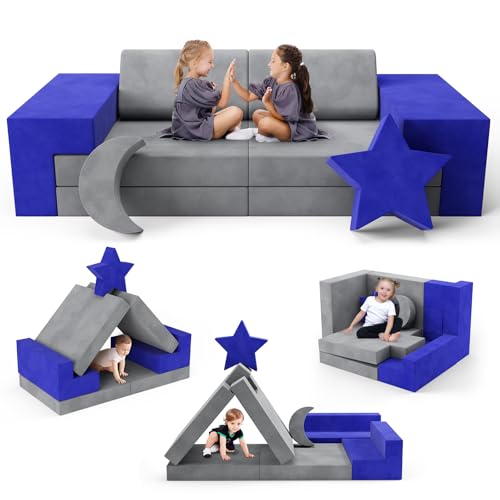 MINENICE 9p-Komfort-Upgrade Modulare Kinderspielcouch, DIY-Schaumstoff-Kindersofa, Blocksofa, Multifunktionssofa, kann zu einem Bett, Einer Burg usw. zusammengebaut Werden(9p – Blaugrau) von MINENICE