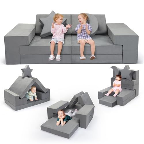MINENICE 9p-Komfort-Upgrade Modulare Kinderspielcouch, DIY-Schaumstoff-Kindersofa, Blocksofa, Multifunktionssofa, kann zu einem Bett, Einer Burg usw. zusammengebaut Werden (9p – Reingrau) von MINENICE